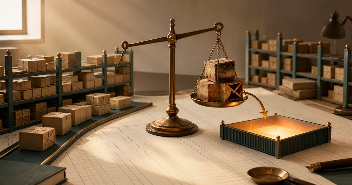 A brass scale lifting damaged stock out of normal ledger columns into a separate loss tray