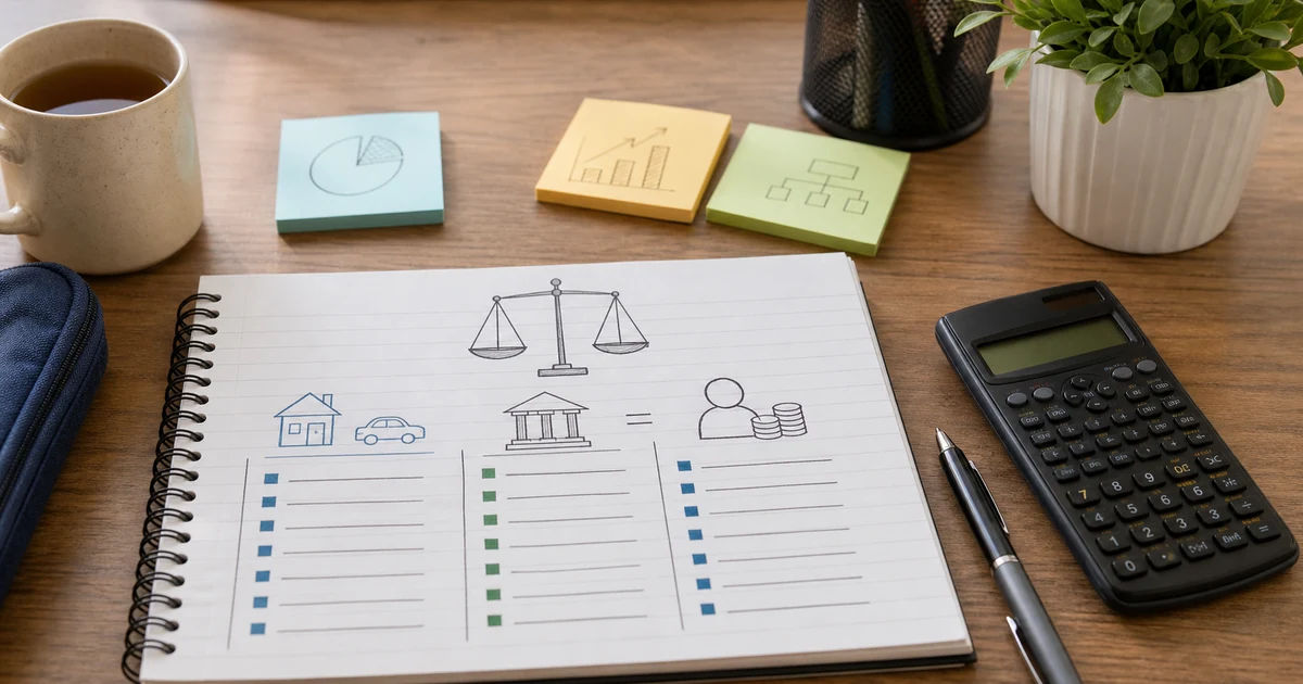 An accountancy notebook with a hand-drawn balance scale, simple finance sketches, a calculator, and study notes on a desk