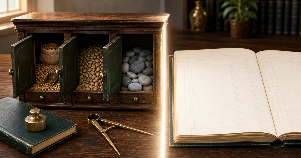 Old partnership ledgers with stored seeds and stones beside a fresh reconstitution ledger page