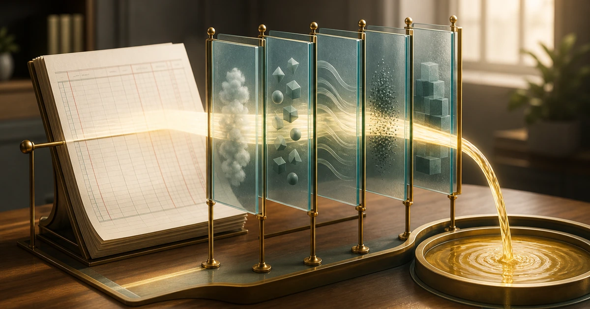 A profit ledger passing through glass accounting filters to reveal a clear stream of operating cash