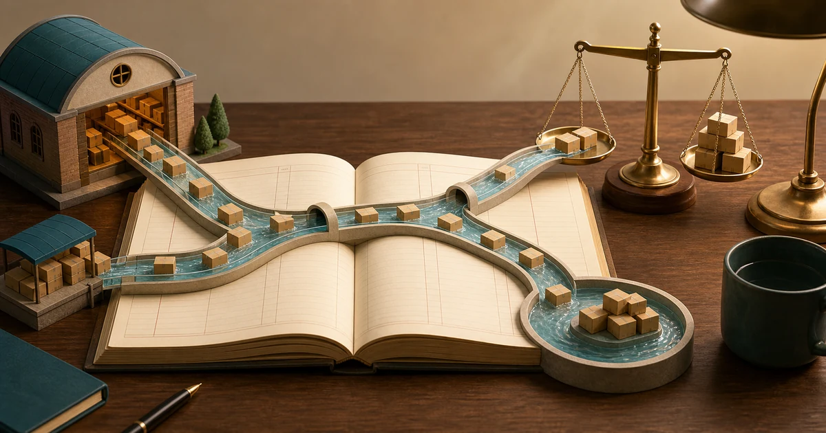 A miniature warehouse stream carrying boxes through an accounting ledger toward a balance scale