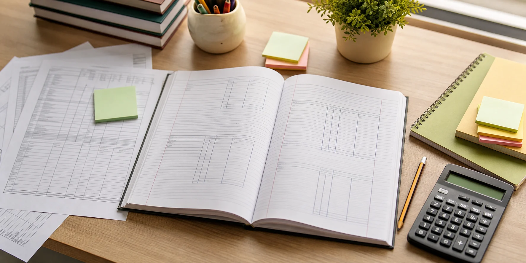 A neat accountancy study desk with an open notebook, practice sheets, sticky notes, pencil, and calculator