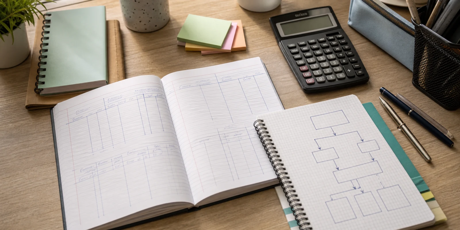 An organised accountancy study desk with notes, calculator, ratio workings, and partnership admission planning