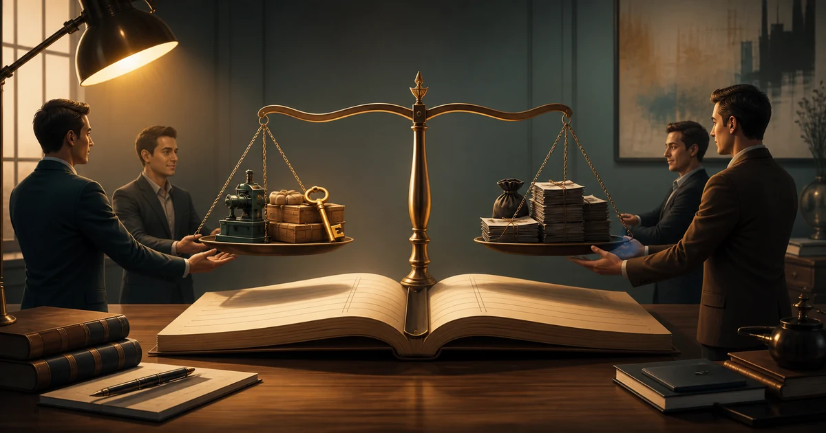 A brass balance scale over an open ledger with partners receiving assets and lifting liability bundles during dissolution