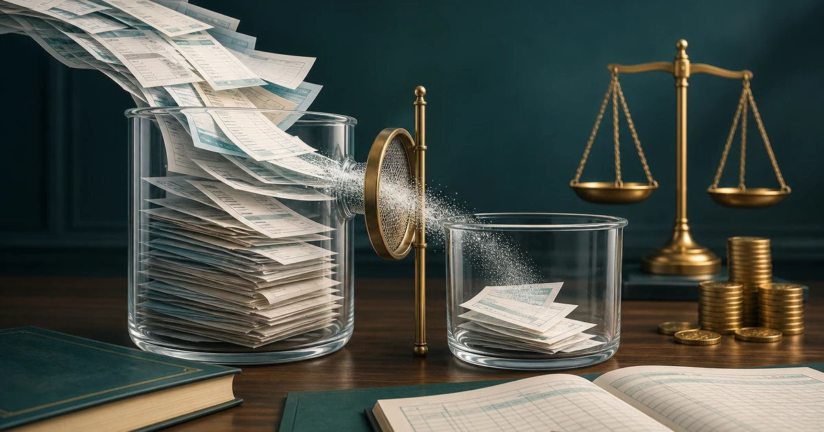 Invoice papers passing through a fine filter between two glass vessels to show gross and net trade receivables