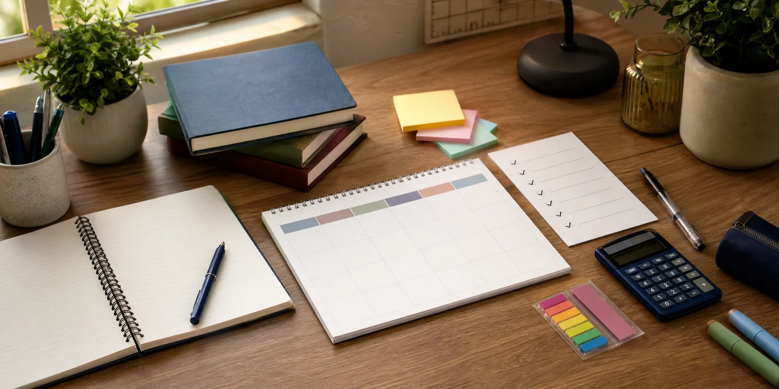 A calm commerce study desk with notebooks, planner, calculator, pens, and a checklist