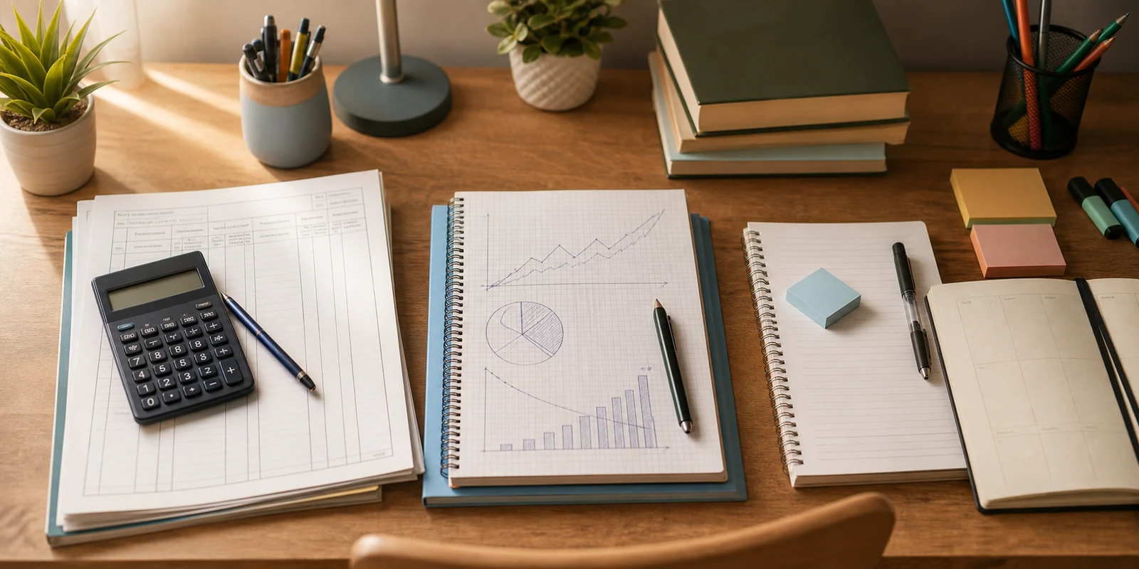 A calm study desk with accountancy sheets, economics graphs, notebooks, and a planner arranged for Class 12 commerce study