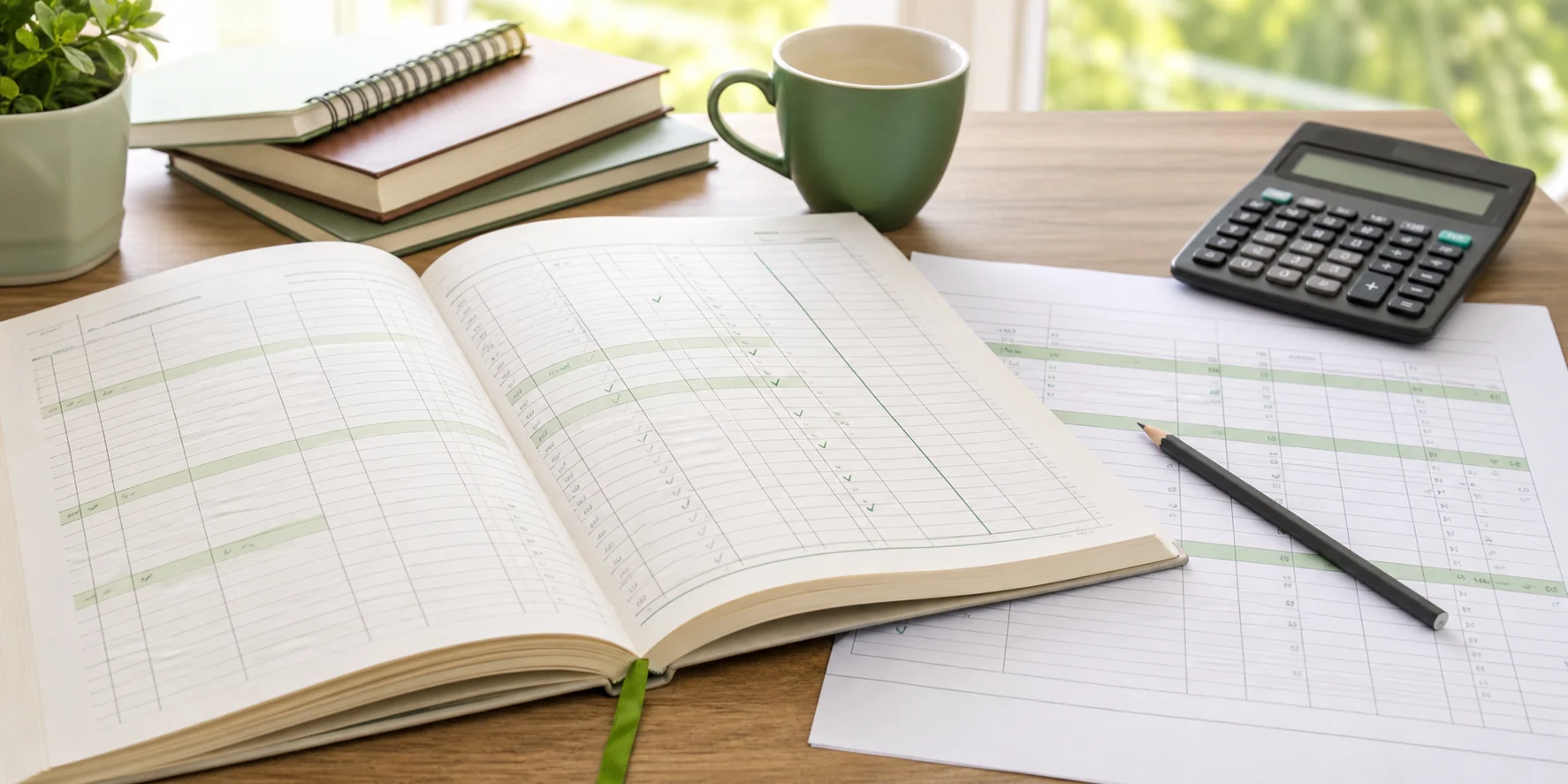 An accountancy notebook, bank statement, calculator, and pencil arranged on a calm study desk