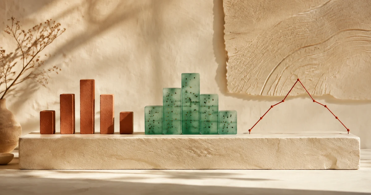 Separate clay columns, adjoining glass blocks, and a thread tracing a peak represent three ways of seeing data