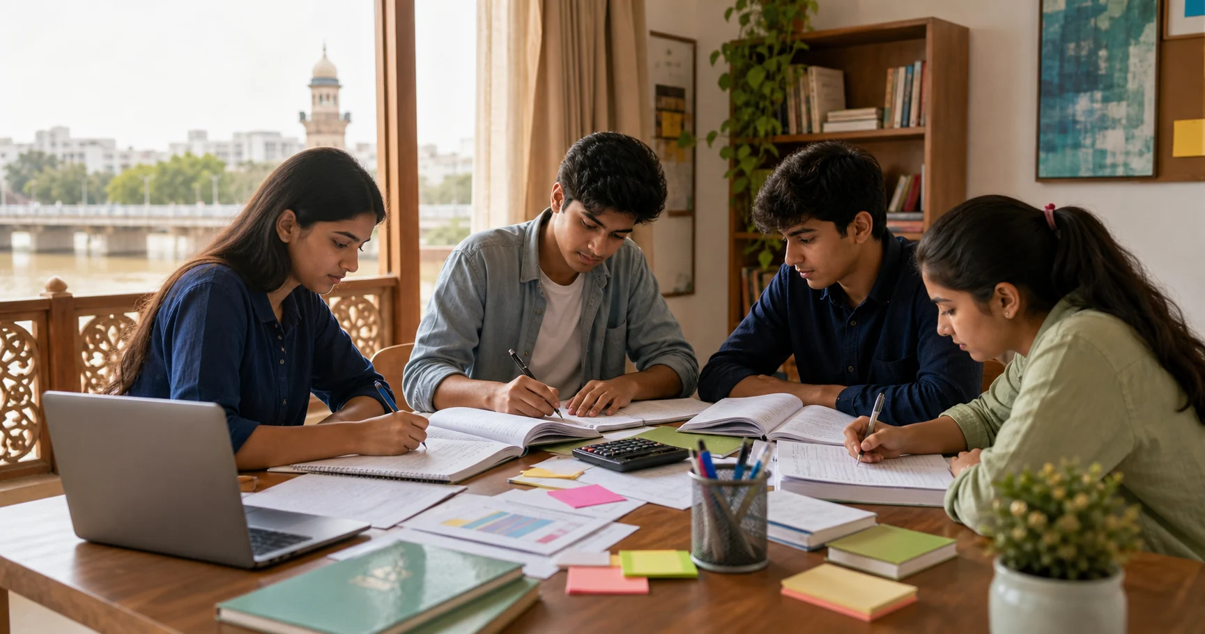 Class 11 and 12 commerce students studying Accountancy at a bright Ahmedabad study table