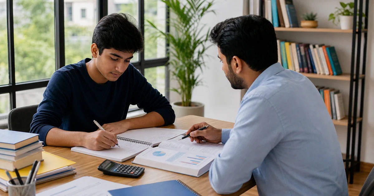 A senior secondary commerce student learning Accountancy with a tutor at a bright study desk