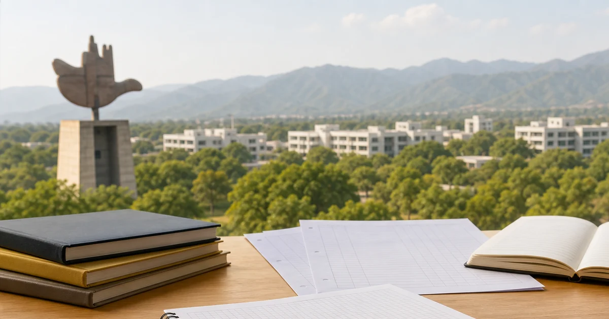 A calm commerce study desk with blank notebooks and Chandigarh scenery outside the window