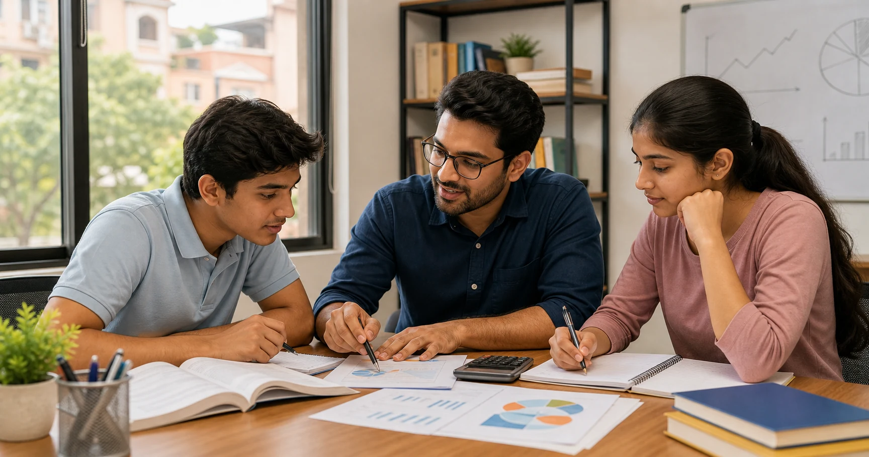 Class 11 and 12 commerce students studying Accountancy with a tutor in a bright Delhi classroom