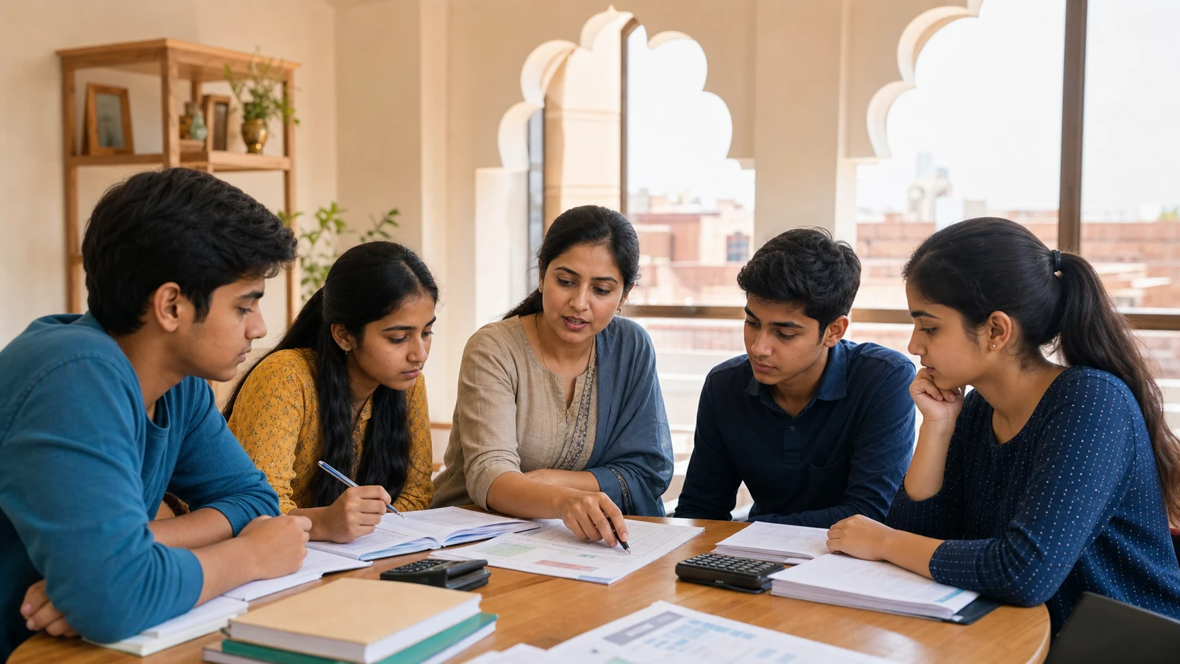 Class 11 and 12 commerce students studying Accountancy with a tutor in a bright Jaipur classroom