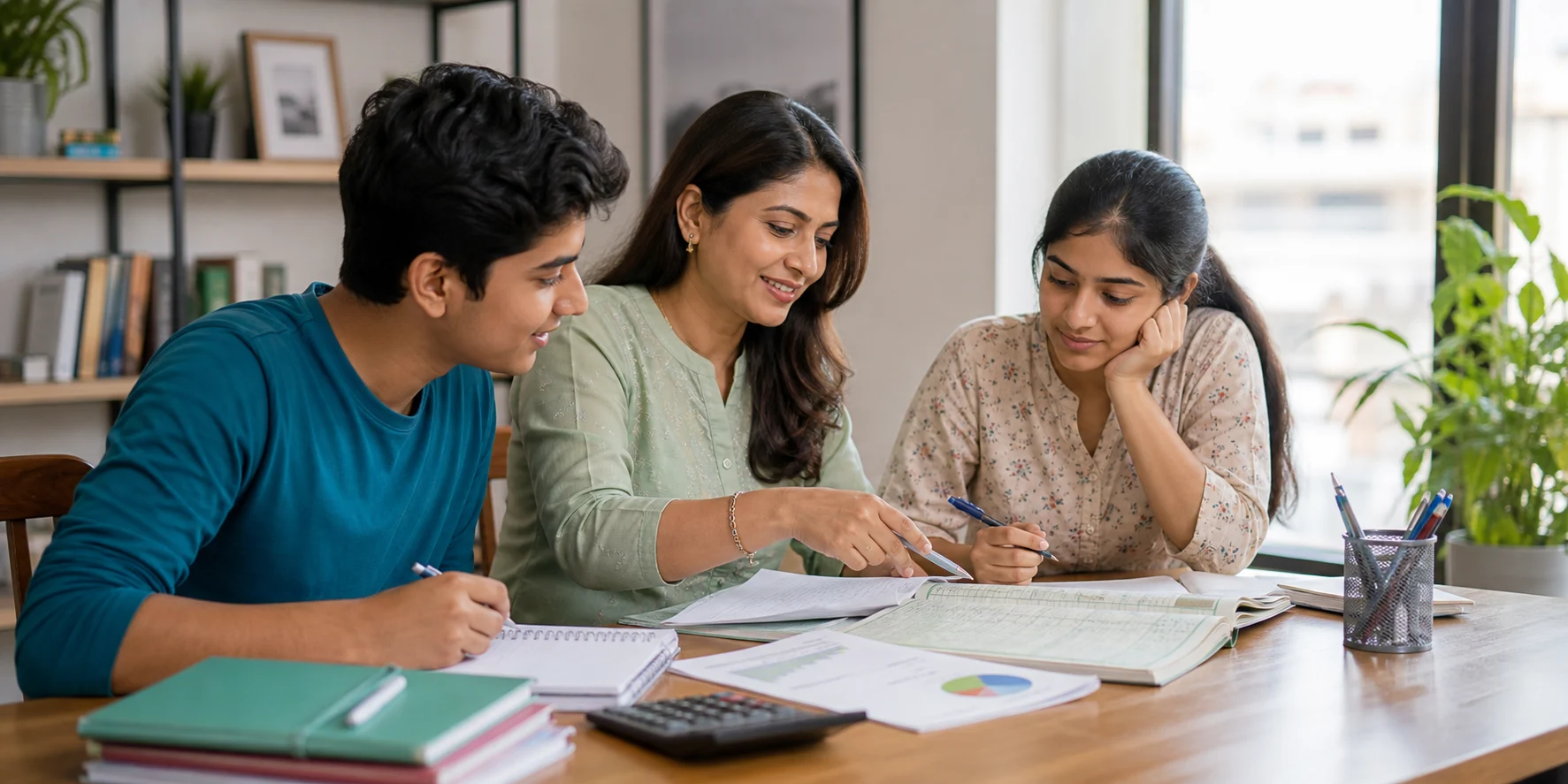 Class 11 and 12 commerce students studying Accountancy with a tutor at a bright study table