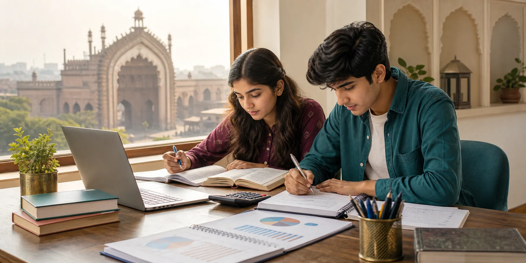 Class 11 and 12 commerce students studying together with books, charts, and a calculator in a bright Lucknow study room