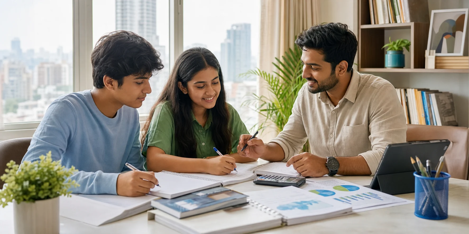 Class 11 and 12 commerce students learning Accountancy with a tutor at a bright study table