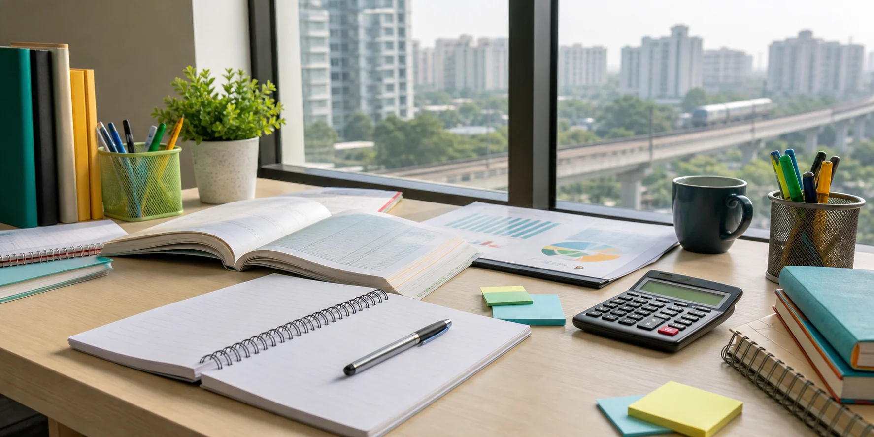 Commerce study desk with Accountancy notebooks, calculator, charts, and a Noida city view