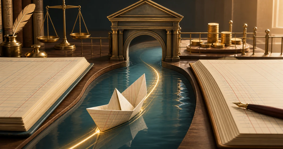 A paper bill of exchange sailing through a bank canal between ledgers toward a collection point