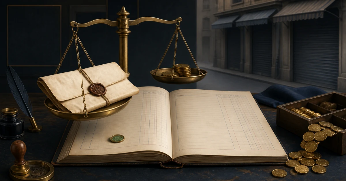 A final settlement ledger with a brass scale, a folded bill, coins, and a small returned rebate coin during firm dissolution