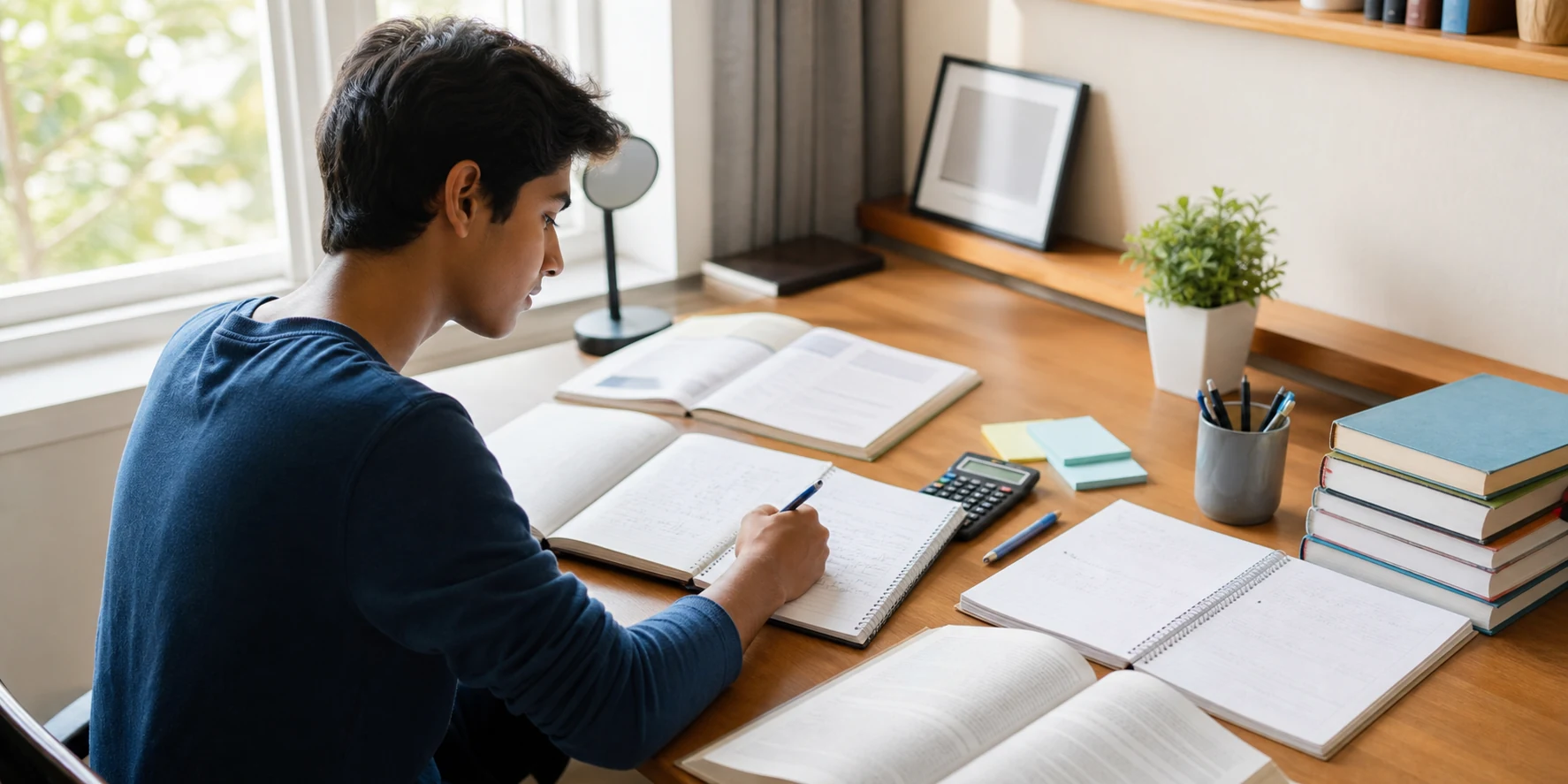 A calm Class 11 commerce student studying Accountancy, Economics, and Business Studies at a desk