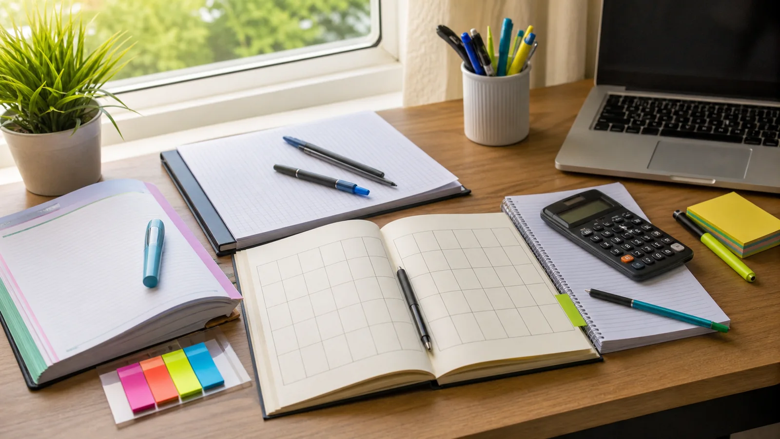 A neat study desk with a blank chapter tracker, commerce notebooks, calculator, sticky notes, and pens