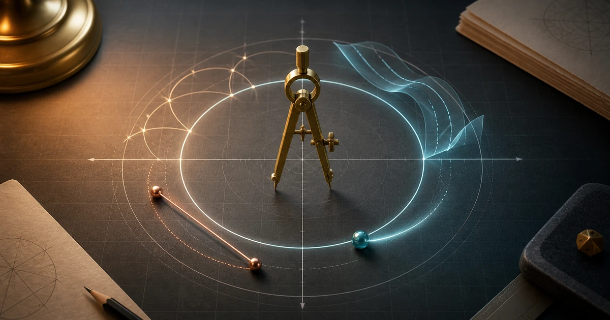 A glowing compass orbit on a coordinate grid showing different paths to the same circle