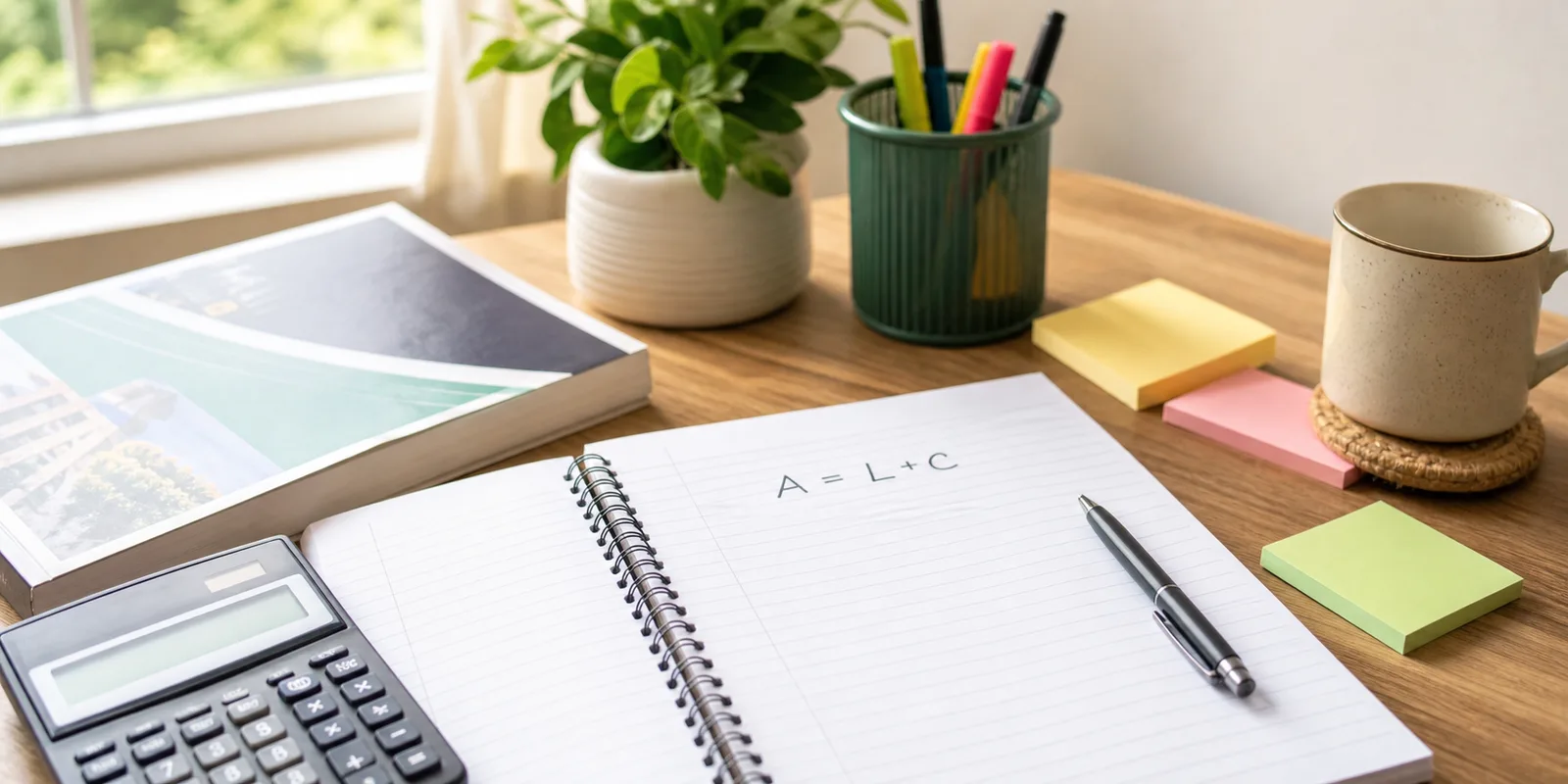 A calm study desk with a Class 11 accountancy notebook, calculator, pen, sticky notes, and a simple accounting equation