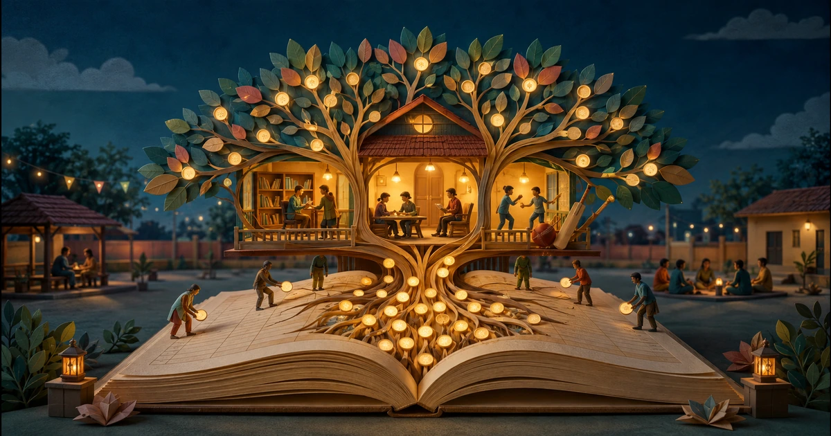 A community clubhouse growing like a tree from an open ledger as members add glowing contribution tokens