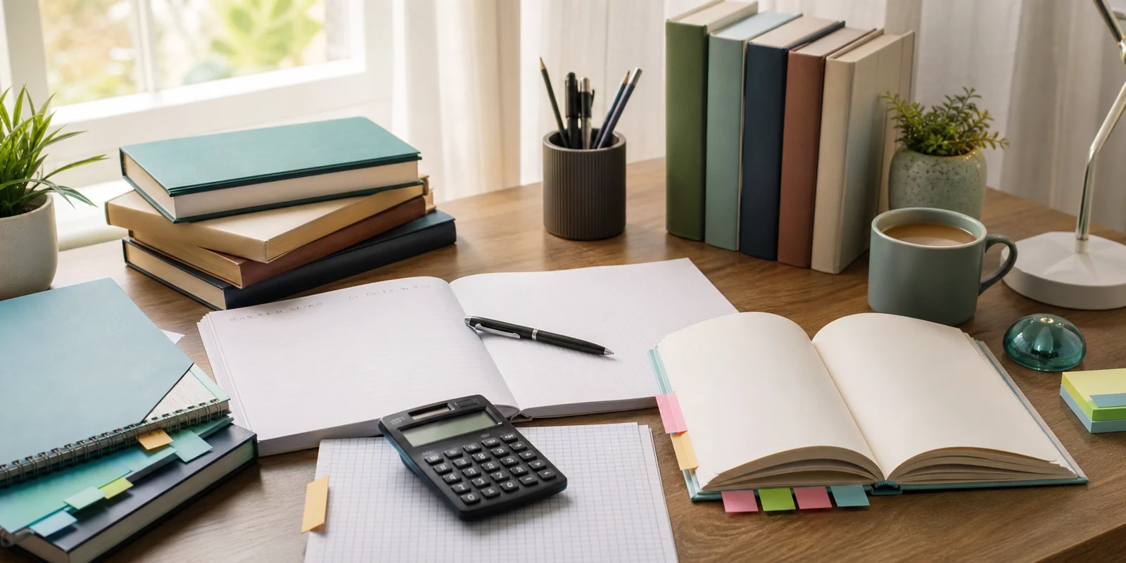 A calm study desk with commerce notebooks, a calculator, graph paper, and neatly arranged books for Class 11 subject planning