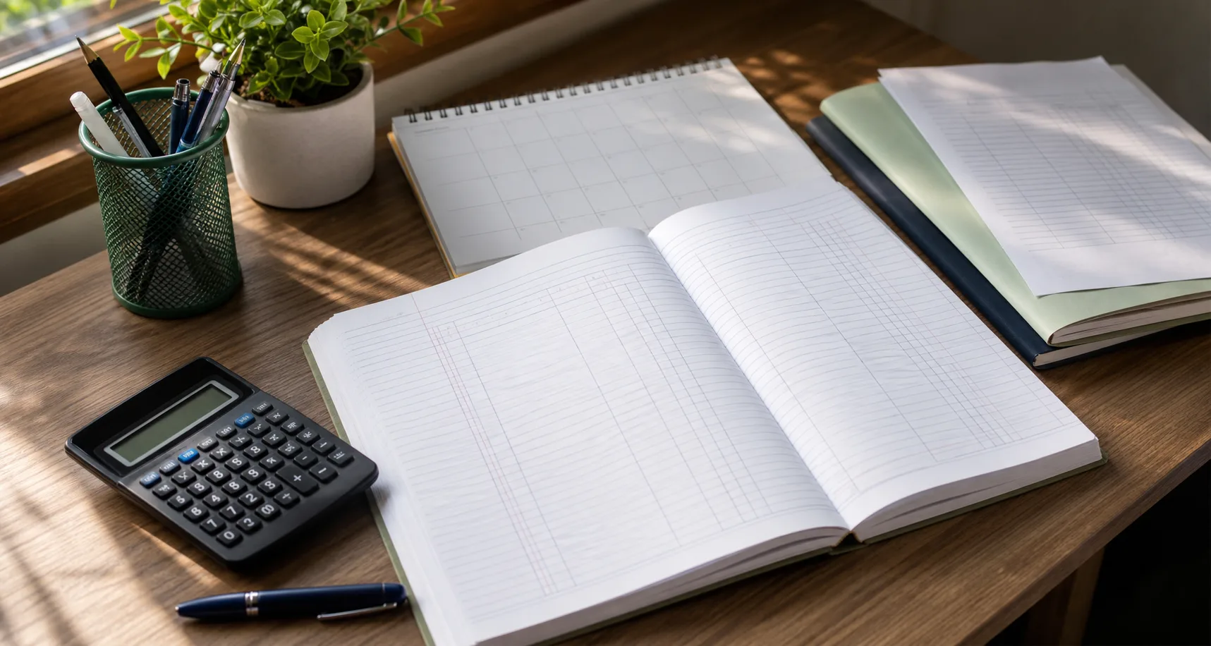 A Class 12 Accountancy notebook, calculator, pen, planner, and practice sheets arranged on a calm study desk