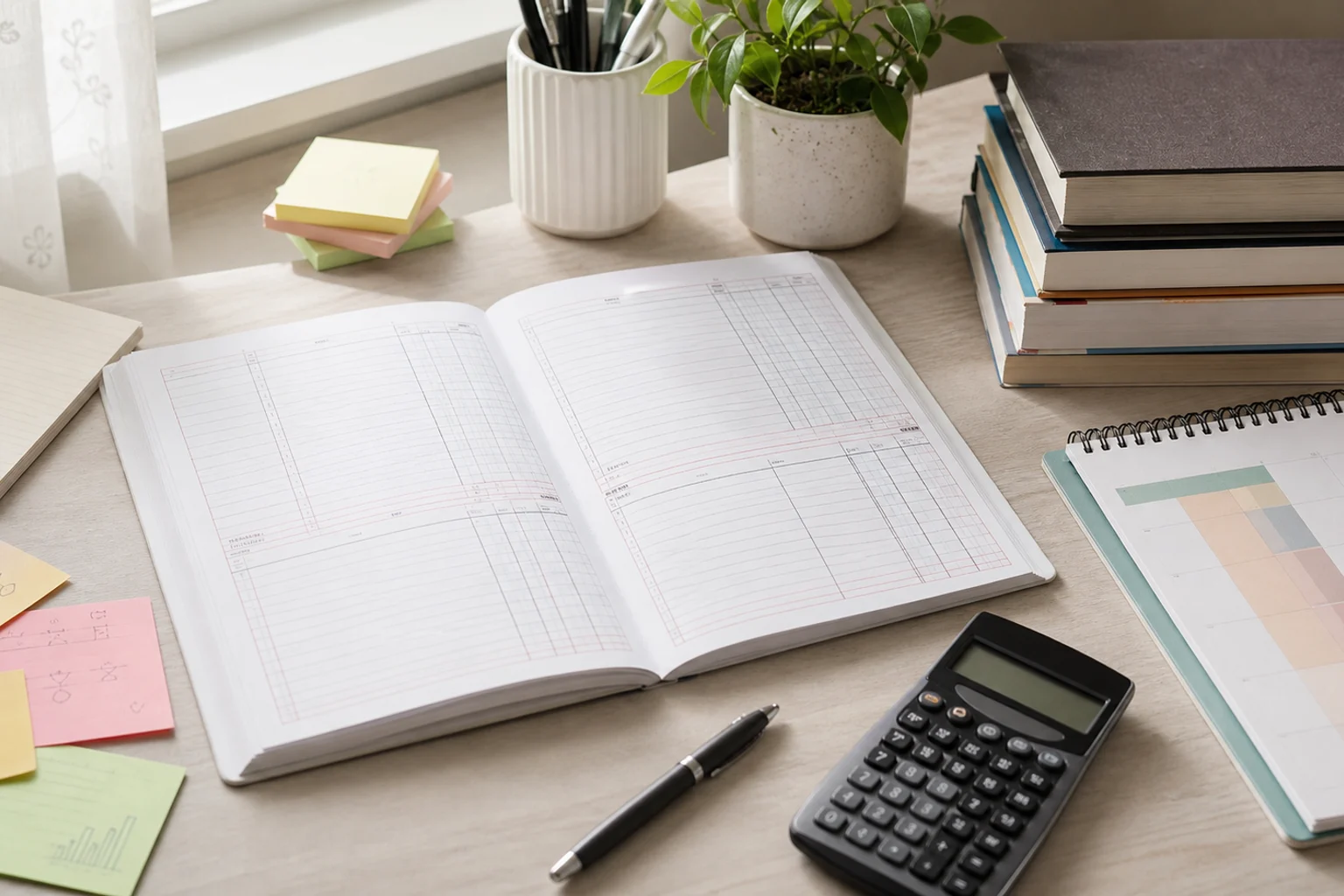 A neat Class 12 Accountancy study desk with a notebook, calculator, planner, and practice sheets