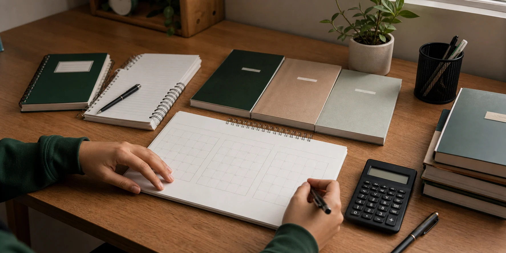 A Class 12 commerce student planning early-year study for Accountancy, Economics, and Business Studies at a tidy desk
