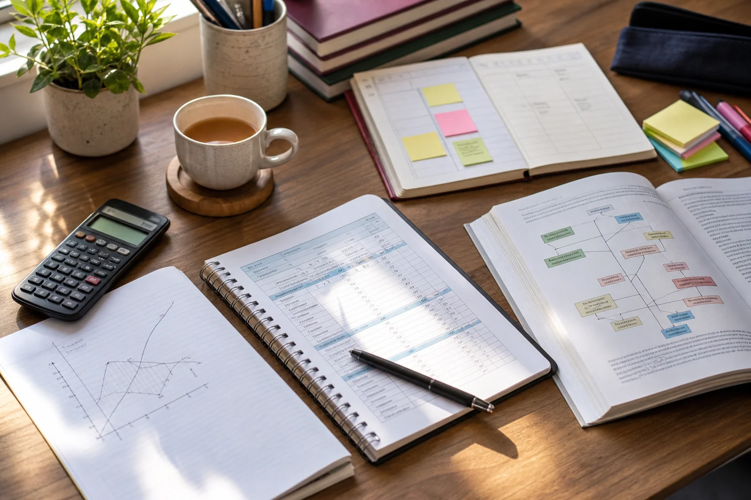 A calm commerce study desk with notebooks, planner, calculator, economics graph, and Business Studies notes
