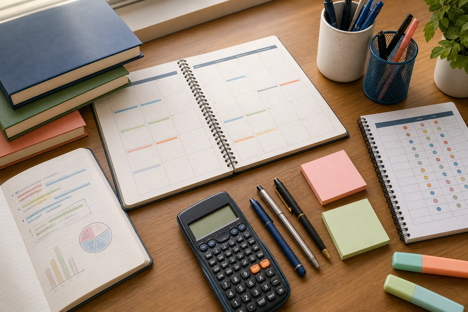 A calm commerce study desk with a planner, Accountancy notebook, Economics notes, Business Studies book, calculator, and pens