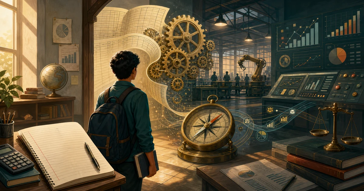 A commerce student looking at a workshop of ledgers, gears, a compass, and business dashboards
