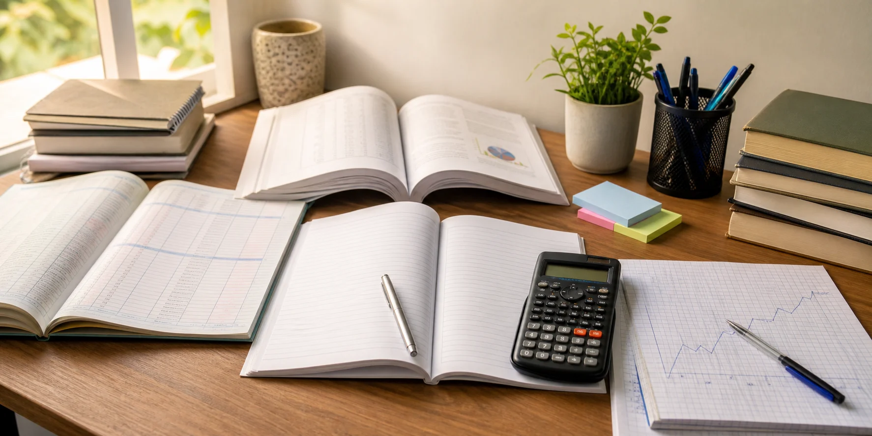 A calm commerce study desk with a calculator, graph paper, Accountancy notes, Economics notes, and a study planner