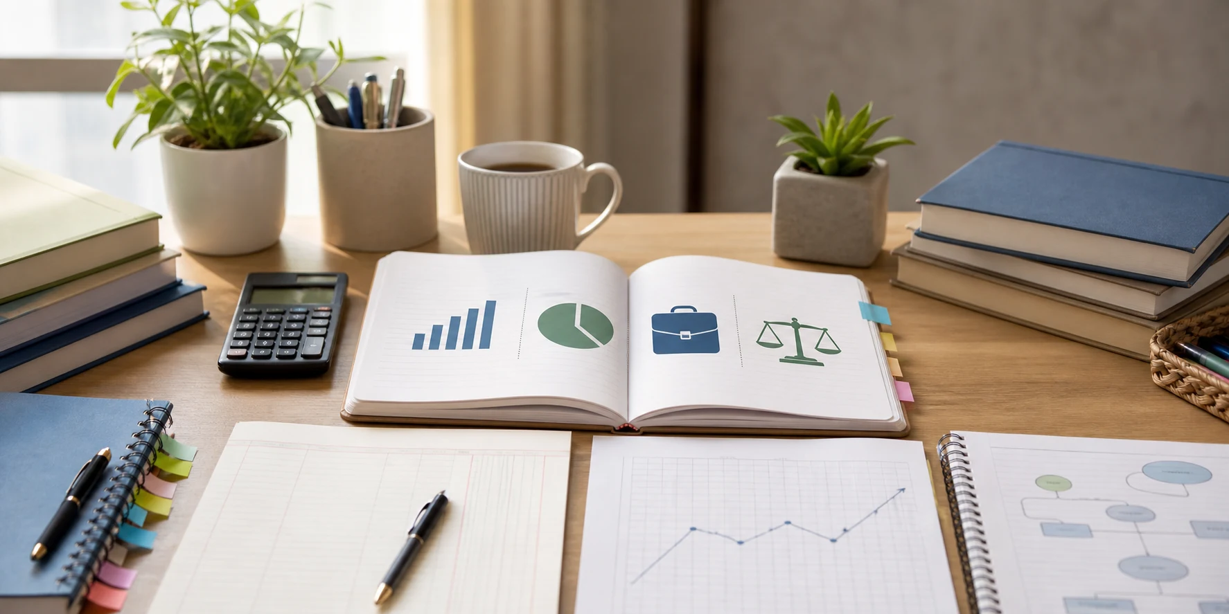 A calm commerce study desk with accountancy notes, economics graphs, business studies material, a planner, and a calculator kept aside