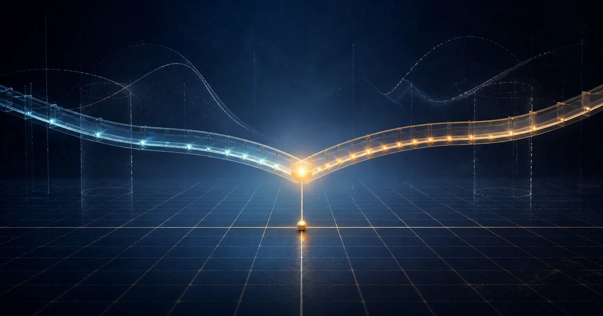 Two glowing glass paths meeting at one point on a coordinate grid to show left and right limits matching the function value