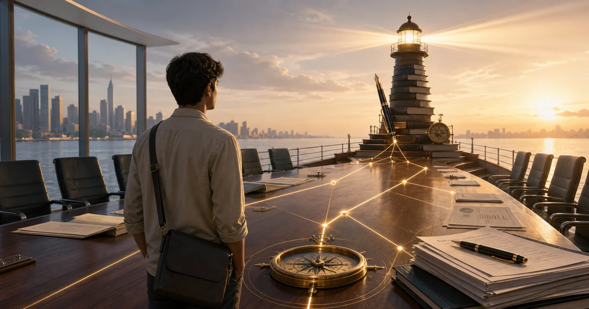 A commerce student facing a boardroom table that becomes a harbor, with a lighthouse made of law books and a compass