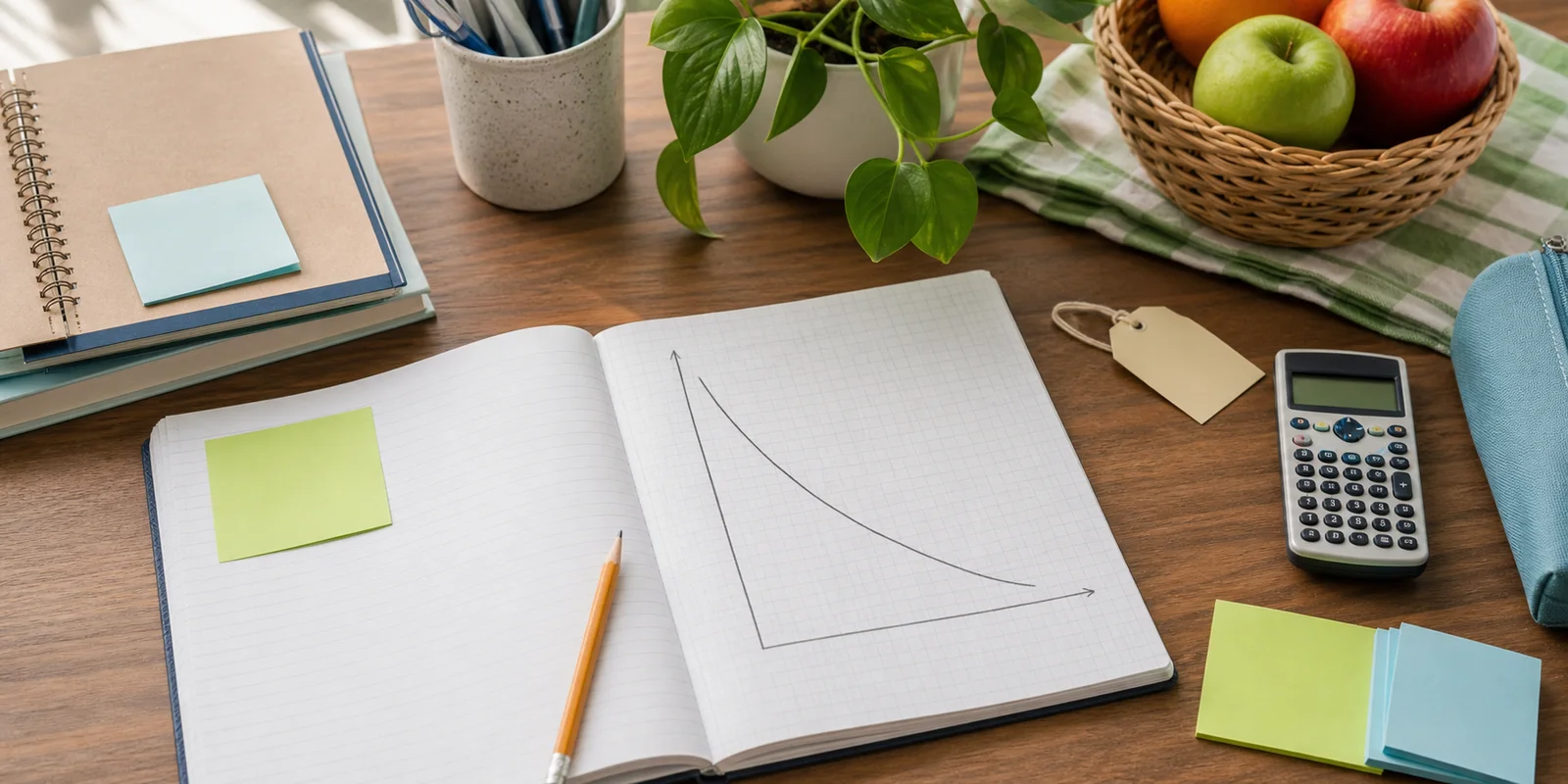 A commerce student's study desk with an open notebook showing an unlabeled downward demand curve, a calculator, fruit, stationery, and sticky notes