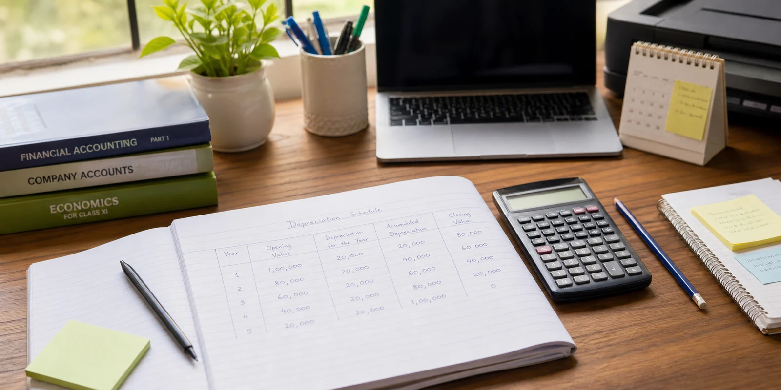 A Class 11 Accountancy notebook with a depreciation schedule, calculator, laptop, and study books on a desk