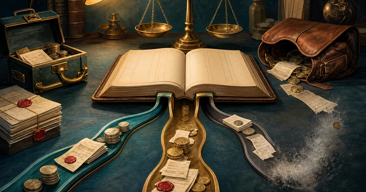 An open ledger sorting dissolution expense receipts from a firm cash box and a partner satchel