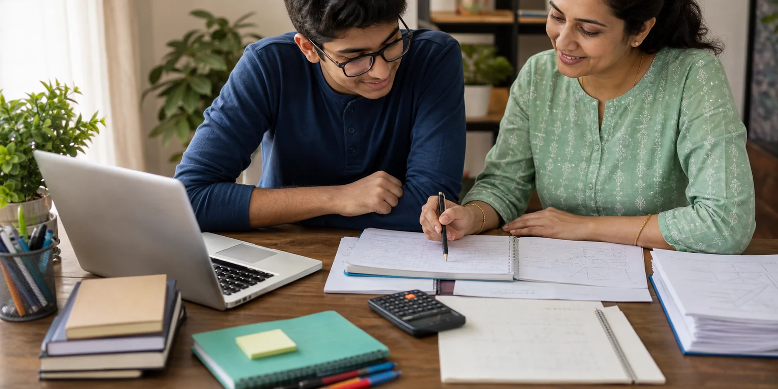 A commerce student and tutor reviewing Accountancy notes and a study plan at a calm home study table
