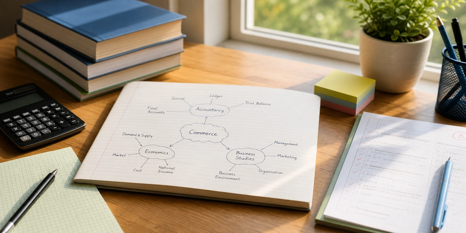 A calm commerce study desk with notebooks, graph paper, a calculator, and a concept map
