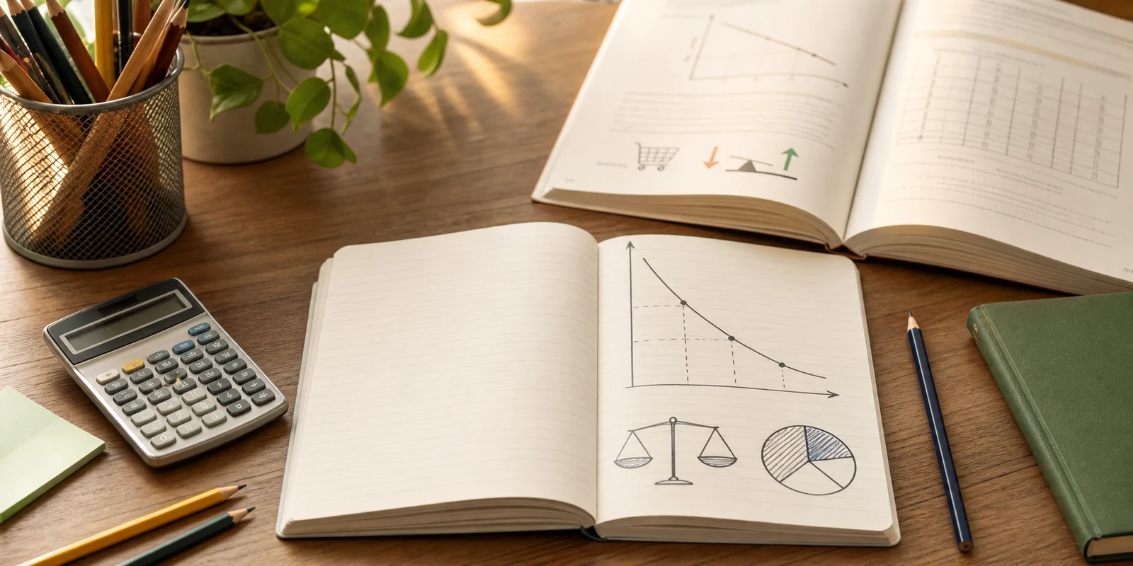 A calm study desk with economics notes, a calculator, pencils, and an unlabeled downward demand curve in a notebook