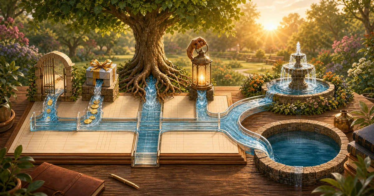 A community garden ledger with symbolic streams flowing into a fountain and a deep stone fund reservoir