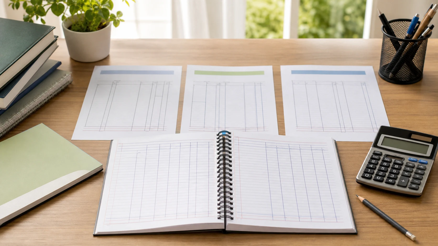 A neat accountancy study desk with notebooks, column sheets, a calculator, and a pencil