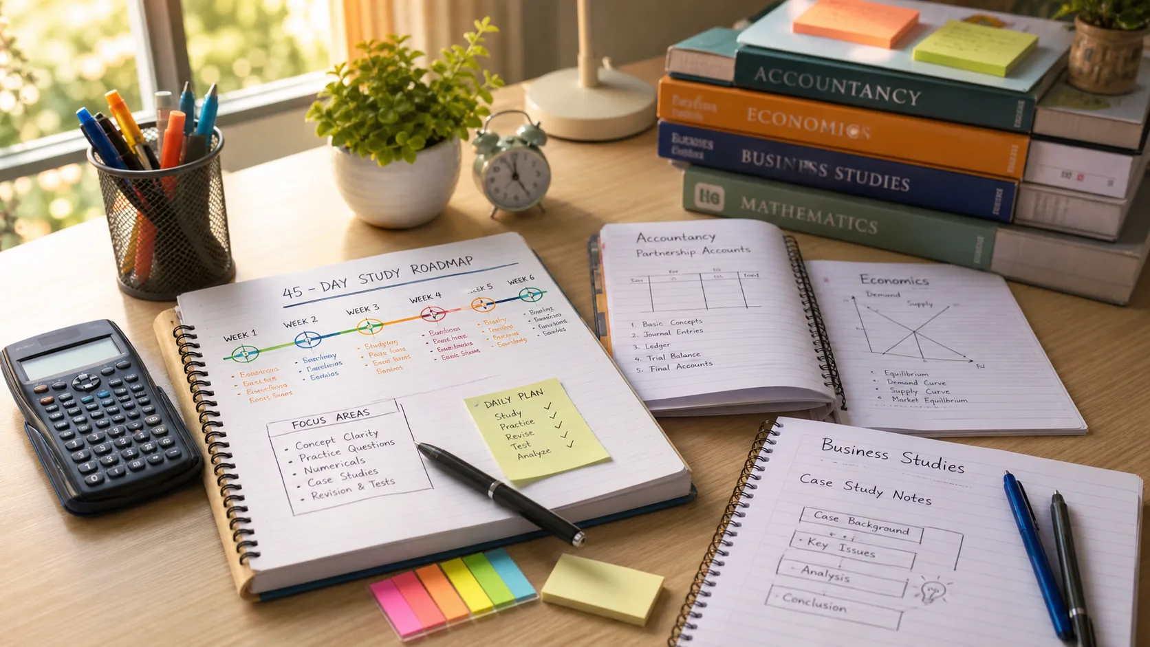 A neat study desk with a 45 day Class 12 Commerce study roadmap, Accountancy, Economics, and Business Studies notebooks