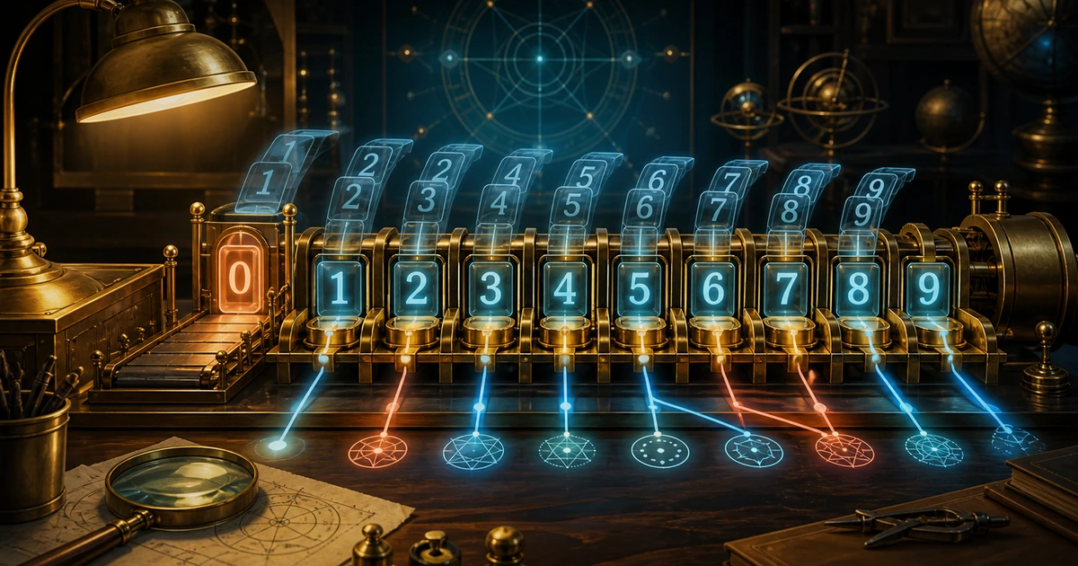 Glowing digit tiles moving through a brass counting machine with zero set apart as a gatekeeper